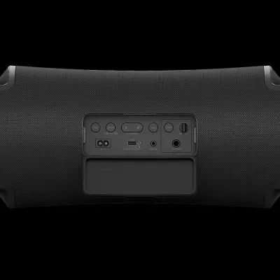 Coluna de som preta com painel de controlo com várias entradas e botões