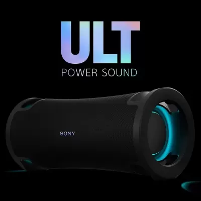 Coluna bluetooth Sony preta com luzes azuis nas extremidades