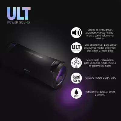 Coluna portátil preta Sony com luz roxa e texto de especificações ao lado