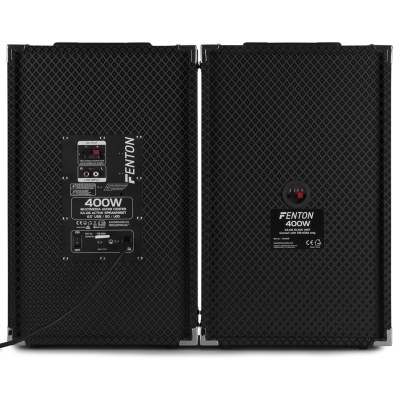 Colunas de som FENTON pretas 400W com acabamento texturizado e placas técnicas visíveis