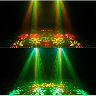 Padrões de luz colorida projetados em fundo escuro com feixes verticais