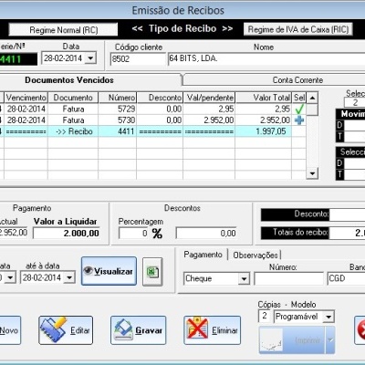 Interface de software 'Emissão de Recibos' com tabelas e botões de comando.