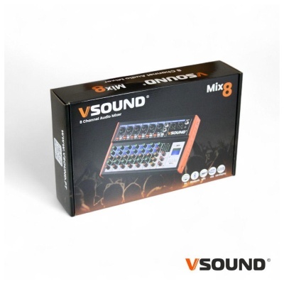 Embalagem preta com imagem de misturador de áudio VSound Mix8 e texto