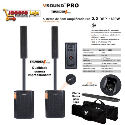 Sistema de som amplificado VSound Pro Thunder Series com colunas altas retangulares e sacos para transporte