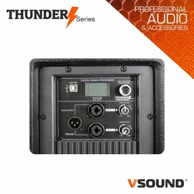 Painel traseiro de coluna de som preta da série Thunder com botões e conectores XLR
