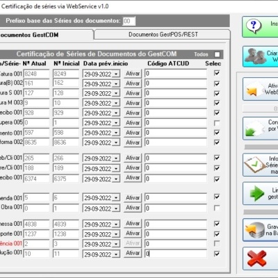 Interface de software GestCom64 com tabela de séries e botões de operações