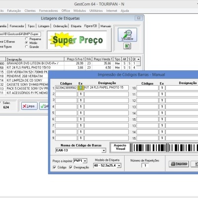 Captura de ecrã de software GestCom 64 no modo Listagens de Etiquetas com destaque 'Super Preço' em amarelo
