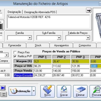 Interface de software com dados do telemóvel Motorola V203B e preços detalhados.
