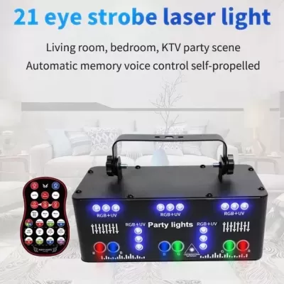 luz laser estroboscópica preta com botões coloridos e comando numa sala