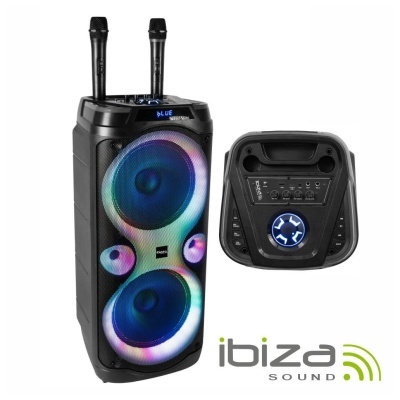 Coluna portátil preta Ibiza Sound com dois microfones e luzes LED multicolor