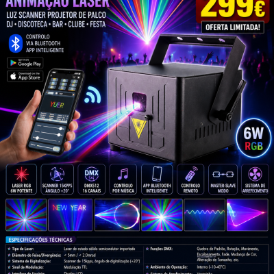 Projeção laser Bluetooth RGB 6W com animação colorida para festas e eventos.
