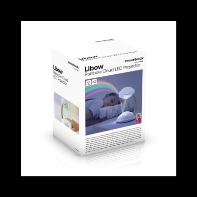 Caixa do projetor LED Libow Rainbow Cloud com imagem do produto a projetar arco-íris numa parede