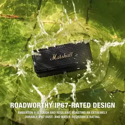 Coluna portátil Marshall Emerton II preta de malha metálica parcialmente submersa em água