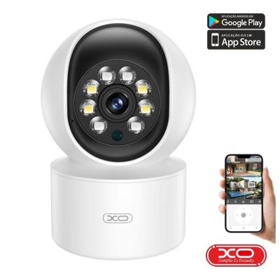 Câmara de vigilância branca e preta com LED e smartphone mostrando app