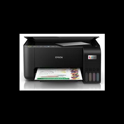 Impressora multifunções preta Epson com visor digital e tanques de tinta visíveis