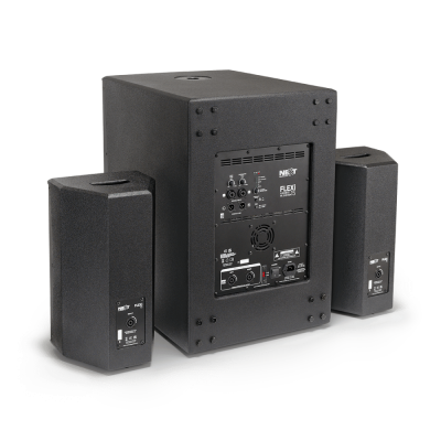 Conjunto de colunas áudio preto com subwoofer e duas colunas pequenas.