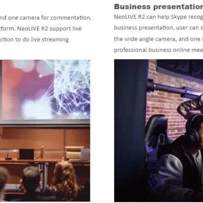 Imagem dividida com apresentação em auditório e ambiente de trabalho com computadores