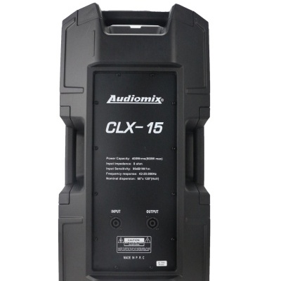 Coluna de som Audiomix CLX-15 preta robusta com textos técnicos