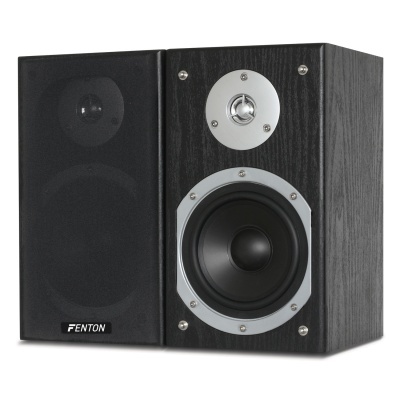 Coluna áudio Fenton preta com acabamento madeira e capa proteção em tecido