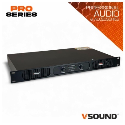 Amplificador de áudio profissional preto VSOUND PRO SERIES com botões e indicadores no painel frontal