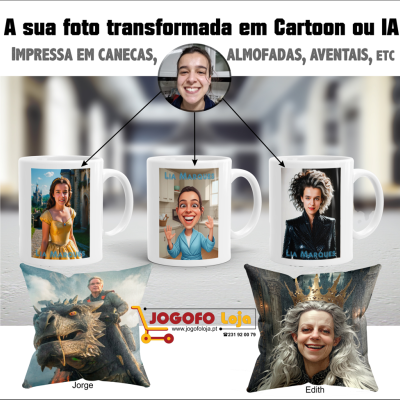 Canecas e almofadas personalizadas com caricaturas e fotos, texto promocional em português.