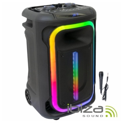 Coluna de som portátil preta com luzes LED coloridas e microfone