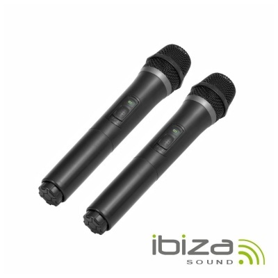 Dois microfones sem fios pretos com botão e grelha metálica, fundo branco e logótipo ibiza SOUND