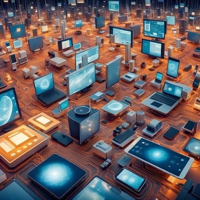 Vários dispositivos eletrónicos futuristas em tons de azul e laranja sobre superfície com padrão de circuito