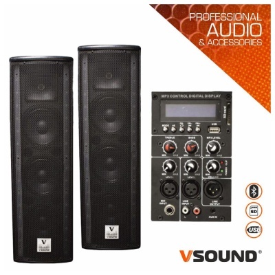 Conjunto de colunas pretas verticais e painel de controlo digital com conexões USB, Bluetooth e SD