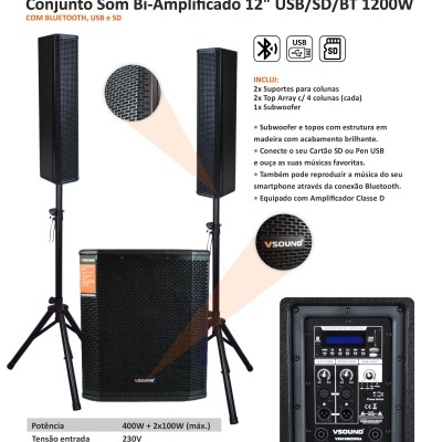 Conjunto de som bi-amplificado VSOUND com colunas e subwoofer pretos, suportes e painel de controlo