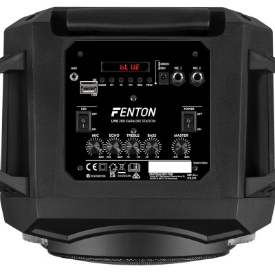 Coluna portátil FENTON preta com visor digital e botões de controlo