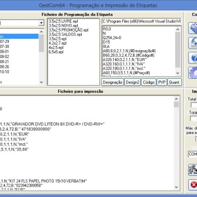 Interface de software GestCom64 para impressão de etiquetas com comandos e texto visível