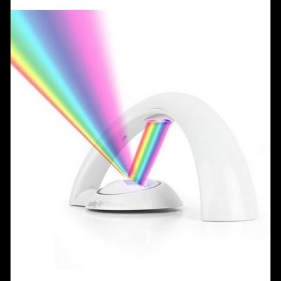 Projetor branco curvo emitindo feixe de luz colorido em arco-íris