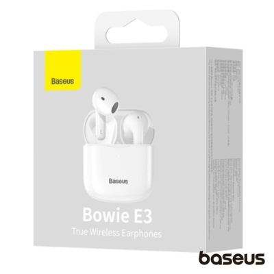 Embalagem de auriculares sem fios Baseus Bowie E3 branca em fundo cinzento