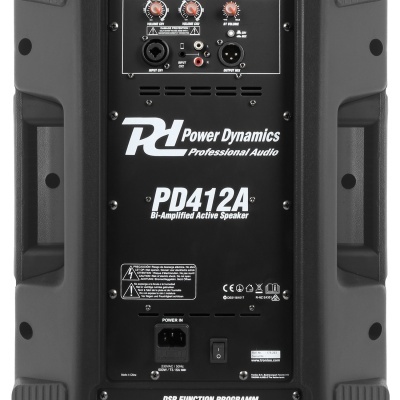 Coluna ativa Power Dynamics PD412A preta com painéis e botões de controlo