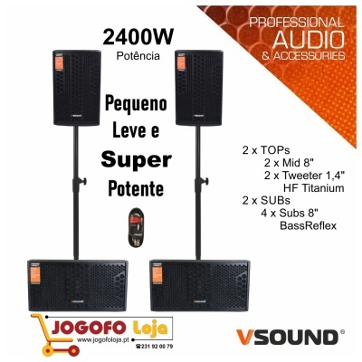 Conjunto de colunas de áudio profissionais VSOUND em preto com supports e cabos