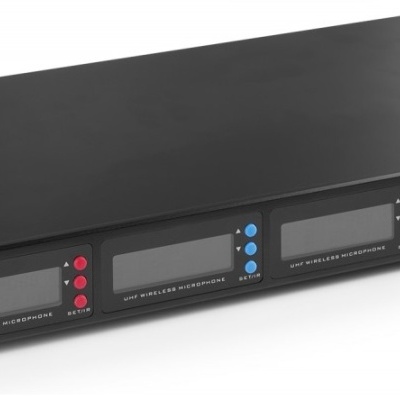 Dispositivo de áudio preto com ecrãs digitais e botões coloridos