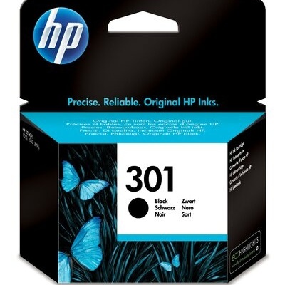 Embalagem de tinta original HP preta 301 com borboletas azuis e texto em várias línguas