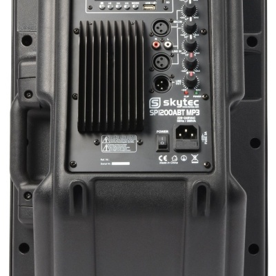 Coluna de som preta Skutec SPI200ABT MP3 com painel de controlo frontal e ecrã azul