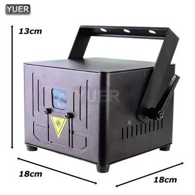 Projetor laser preto com alça e símbolo de warning amarelo.