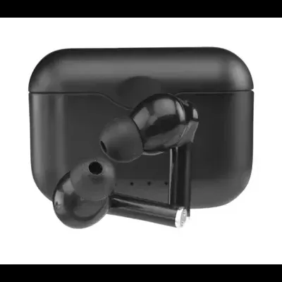 Fones de ouvido sem fios pretos com estojo de carregamento preto