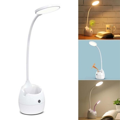 Lâmpada de mesa branca com braço flexível e compartimento para objetos