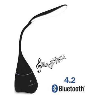 Candeeiro de mesa preto com braço ajustável e base em cone, com texto 4.2 Bluetooth