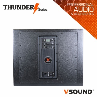 Coluna de som preta THUNDER Series da VSOUND com painéis de controlo