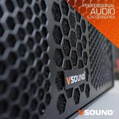 Grelha preta hexagonal de altifalante com texto Professional Audio & Accessories e logo VSOUND