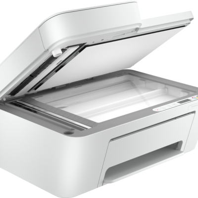 Impressora multifunções branca com tampa aberta
