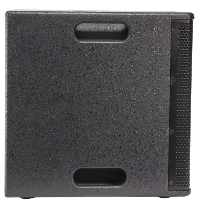 Caixa preta quadrada com alças e faixa lateral perfurada