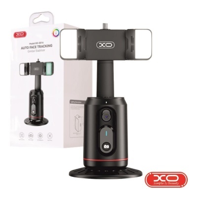 Suporte estabilizador giratório preto para smartphone XO com embalagem branca ao fundo.