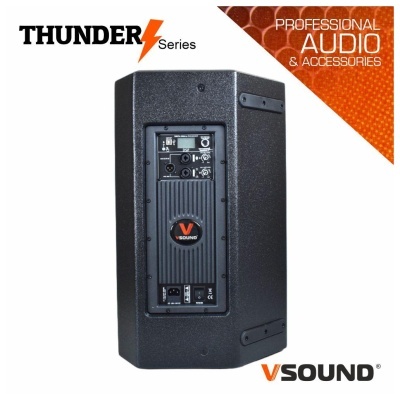 Coluna profissional preta THUNDER Series com painel traseiro e logo VSOUND