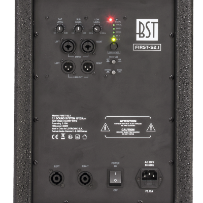 Painel traseiro de coluna de som preta BST FIRST-S2.1 com controlos e entradas